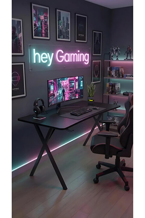 hey modüler mobilya 110 cm Gaming2 Profesyonel Oyuncu Masası Siyah Tabla, Siyah Metal Ayaklı Hey Gaming2