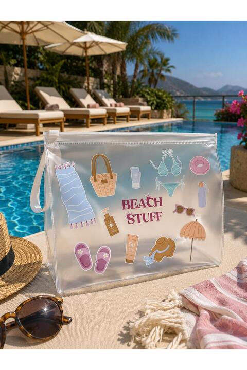 4nio ŞEFFAF BEACH STUFF BASKILI ÇOK AMAÇLI ÇANTA