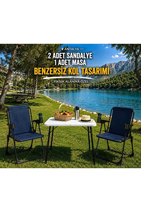 Armarks 2 Adet Katlanır Bardaklıklı Kamp Sandalye ve Masa Seti,Taşınabilir Piknik Bahçe Sandalyesi Masa Seti