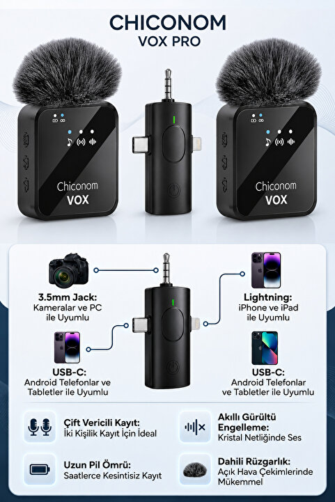 chiconom Onell Vox Pro 2’li Kablosuz Yaka Mikrofonu Type-C iPhone Android Uyumlu