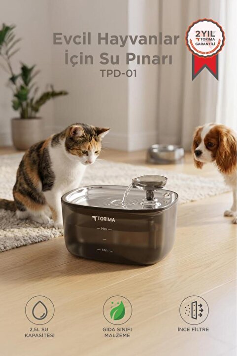 Torima Kedi Köpek Su Pınarı Otomatik Filtreli Ultra Sessiz Su Çeşmesi TPD01 Siyah
