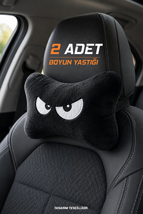 KidHug Oto Boyun Yastığı 2'li Set - Peluş Göz Nakışlı Sevimli Lastikli Araç Koltuk Başlık Yastığı, Siyah Yumuşak Rahat Seyahat Konforu İçin İdeal Eğlenceli Şık Araç İçi Aksesuar, Doğum Günü Hediyesi Seçimi
