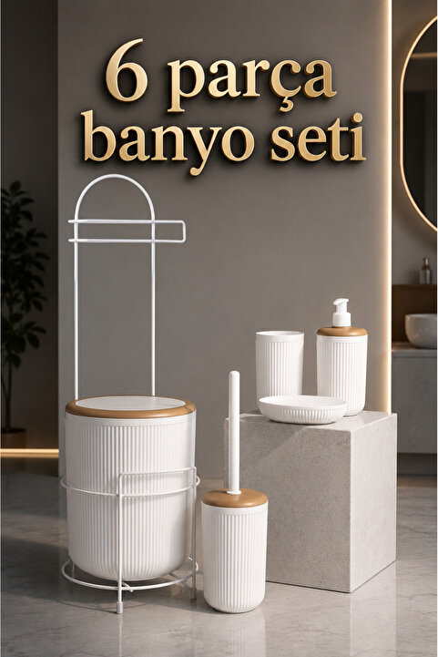 Okyanus Home Kırık Beyaz Yuvarlak Mina Due Wc Kağıtlık ve 6 Parça Banyo Seti - Kırık Beyaz