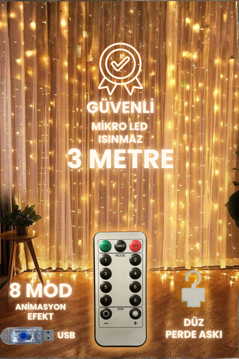 Hubstein 300 Ledli 10 Sarkıt Perde Led Işık Yılbaşı Oda Dekorasyon 8 Fonksiyon, Kumandalı, 3x3 Mt, Düz Askı