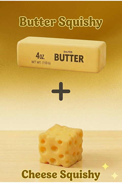Laslusa Butter Tereyağı & Cheese Peynir Squishy 2'li Paket – Slow Rising Sıkılabilir Stres Oyuncağı, Duyusal Fidget Oyuncak