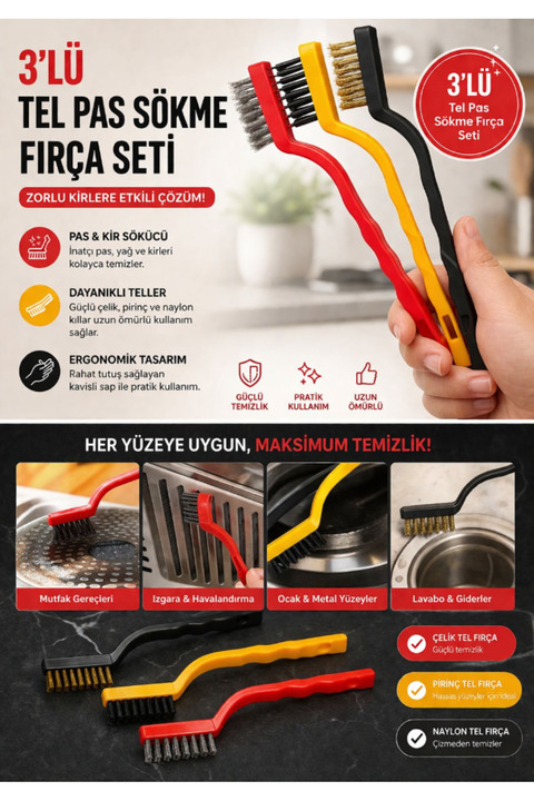 AYGÖREN HOME 3 Adet Ocak Fırın Mangal Izgara Airfryer Temizliği Tel Pas Sökme Fırçası 3lü Yağ Temizleme Fırçası