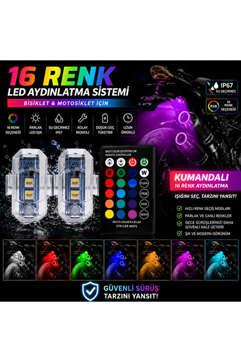 Mbois Kumandalı Rgb 16 Renk 2 Adet Led Drone Bisiklet Araç Çakarlı Lamba 7 Renk Su Geçirmez