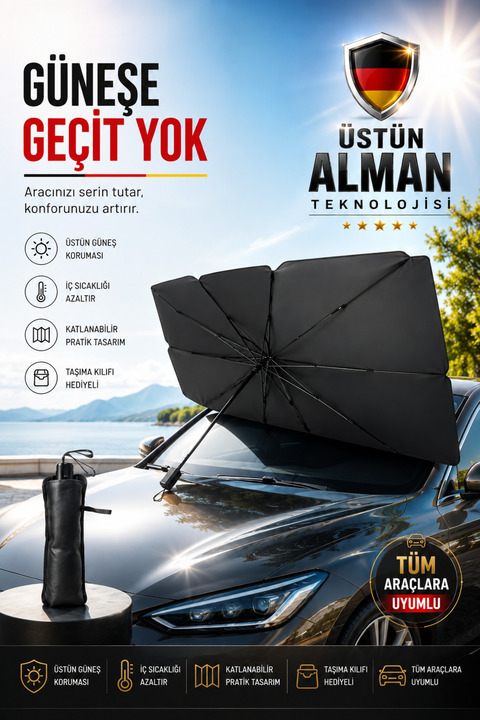 BEYZANA Araç Oto Güneşlik Katlanabilir Şemsiye Ön Cam Güneşlik Güneş Gölge Koruyucu Tüm Modellere Uyumlu