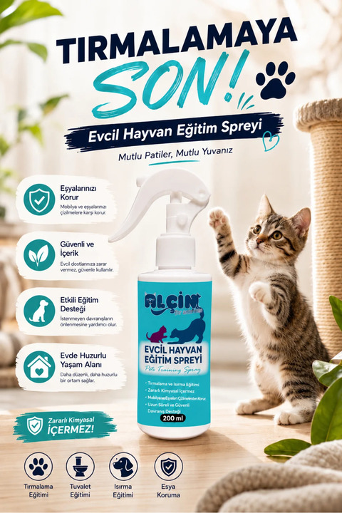 ALÇİN Kedi Uzaklaştırıcı Sprey, Kedi Çiş Pedi Ve Tuvalet Eğitimi, Koltuk Tırmalama Engelleyici 200 Ml