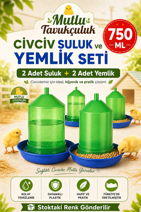 mutlu tavukçuluk Civciv Başlangıç 2 Adet Suluk Ve 2 Adet Yemlik Takım 750 ml Keklik Güvercin Suluğu Bıldırcın Yemliği