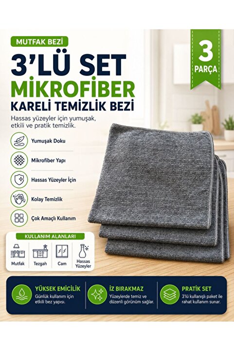 Cleanshe Mikrofiber Mutfak Temizlik Bezi 3'lü Set Hassas Yüzeyler Için 40x40cm Leke Ve Koku Tutmaz