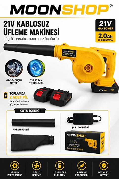 MOONSHOP Pro Alman Seri 2447wf Şarjlı Hava Üfleyici Ve Toz Toplayıcı Çift Batarya.