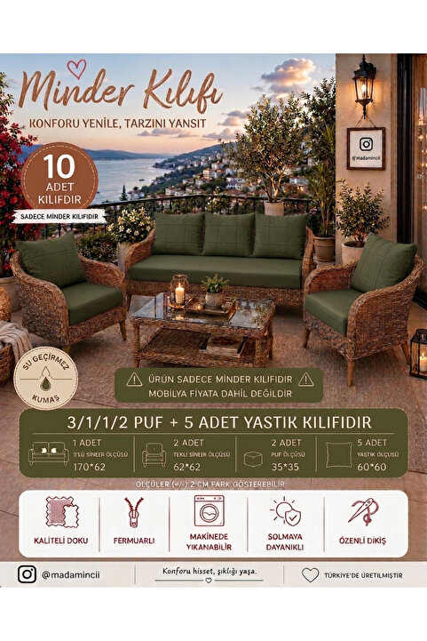 MADAMİNCİ Rattan Bahçe Mobilyası Minder Kılıf Takımı ÜRÜN SADECE BOŞ KILIFDIR MOBİLYA GÖRSEL AMAÇLI KULLANILMIŞTIR SU İTİCİ GÜNEŞE DAYANIKLI OUTDOOR KUMAŞ