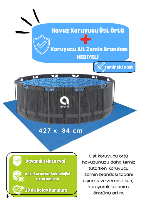 Kalitomi 427x84 cm Metal Gövde Bahçe Havuzu – Paslanmaz Çelik Konstrüksiyon Kolay Kurulumlu Aile Havuzu Kouryucu Alt Üst Branda Hediyeli Tamir Kiti Dahil
