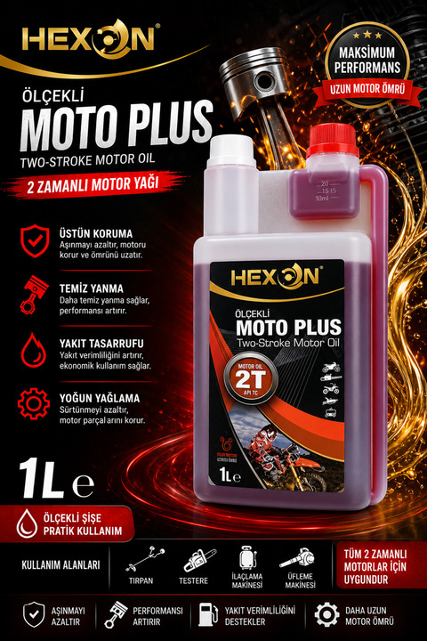 Backer Hexon Moto Plus 2 Zamanlı Motor Yağı 1 Litre 2T (API TC ) Ölçekli Şişe Tırpan Testere Yağı