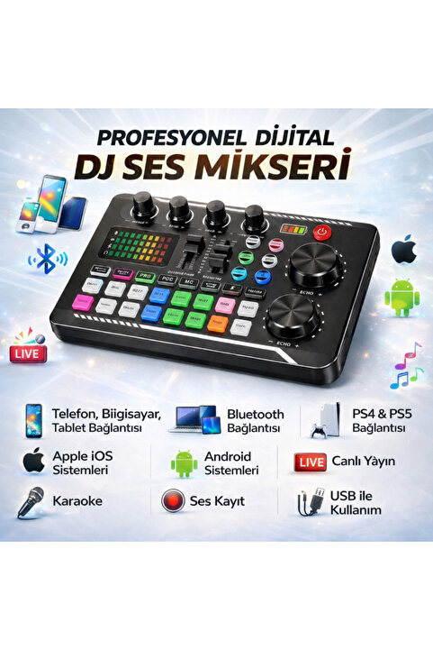MultiZone Dijital DJ Stüdyo Ses Mikseri Bluetooth Mikrofon Bağlantılı Şarjlı Kondenser Canlı Yayın