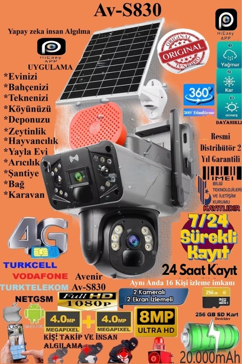 TRCharger Av-s830 Güneş Enerjili Sim Kartlı 4g 6mp Solar Güvenlik Kamerası,10x Zoom,360 Güçlü Batarya