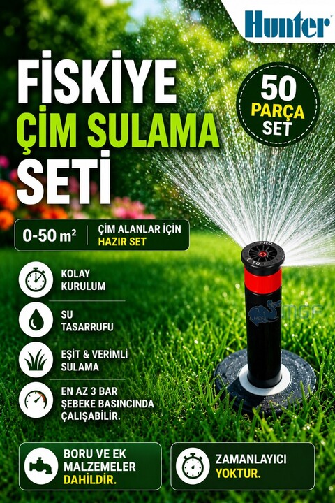 MGF PLAST Mgf-Hunter-Rainbird 50 Parça Bahçe Çim Sulama Sprey Fiskiye Hazır Seti (0-50mt2 Arası)