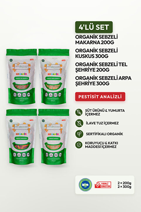Soul Kitchen Organik Ürünler Organik Sebzeli Tel Şehriye 200 g, Makarna 200 g, Arpa Şehriye 300 g, Kuskus 300 g Ek Gıda Seti İlave Tuzsuz
