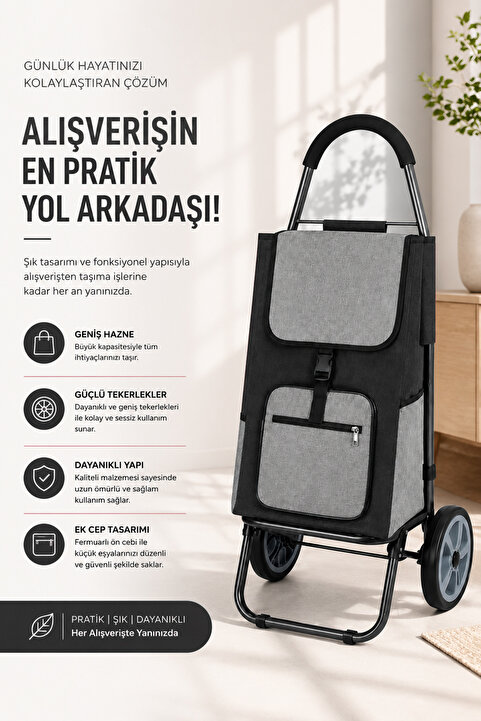 Vadi Katlanabilir Alışveriş Pazar Arabası – Sessiz Teker, Su Geçirmez Kumaş, Fermuarlı Çanta