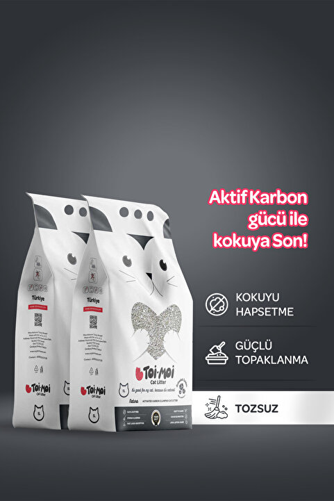 Toi Moi 2’li Avantaj Paketi Koku Hapseden, Topaklanan,Tozsuz Aktif Karbonlu Bentonit Kedi Kumu 2x5kg