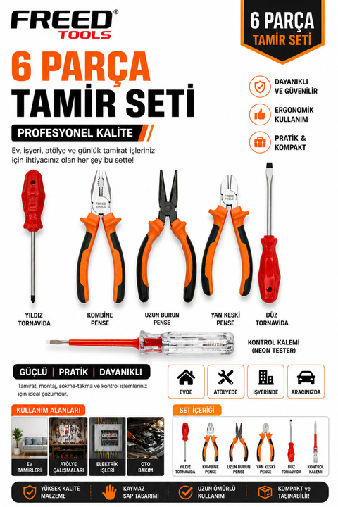 FREED TOOLS El Aleti Seti Pense Yankeski Kargaburun Düz Yıldız Tornavida + Kontrol Kalemi Hediyeli