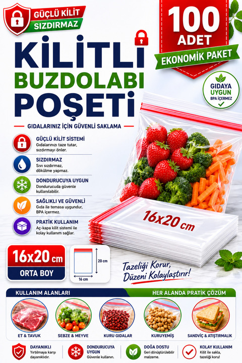 Enjoy Party Store Kilitli Koruyucu Buzdolabı Poşeti Naylon Torba 16x20cm 100 Adet 1 Paket