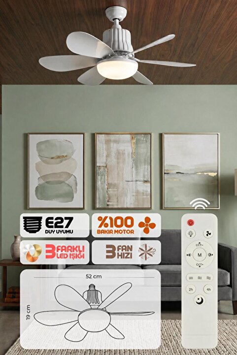 Enshall 2IN1 Goes Led Işık ve Fan Sessiz 3 Renk Modu ve 3 Hız Modu Kumandalı Tavan Vantilatörlü Led Ampul