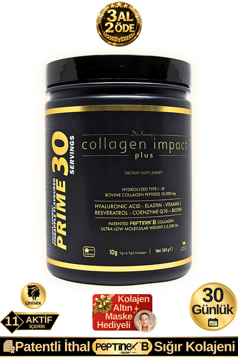 Dr.Sammy's Toz Kolajen Peptit 10.000 Mg Tip 1-3 Saf Hidrolize Sığır Kolajeni | Prime 30 Günlük Diyet Takviyesi | Hyaluronik Asit | C Vitamini | Koenzim Q10 | Biotin | Çinko | Resveratrol | Glutatyon | Elastin