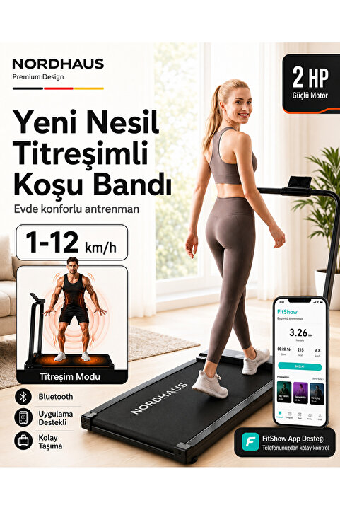 Nordhaus N-FIT Yeni Nesil Titreşimli Uygulamalı Uzaktan Kumandalı Katlanabilir Koşu Bandı Yürüyüş Bandı 2 HP Güçlü Motor