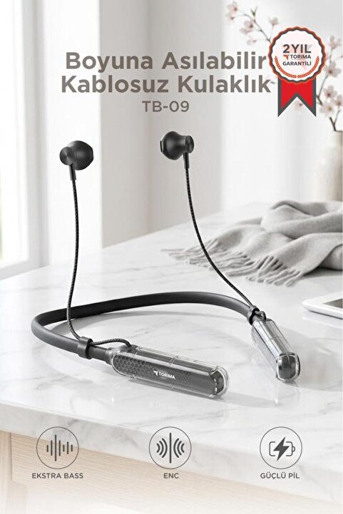 Torima Bluetooth Kulaklık Boyun Askılı Neckband ENC Extra Bass 30 Saat Kullanım TB09 Siyah