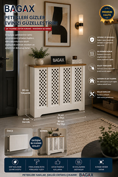 BAGAX Petek Üstü Dekoratif Dresuar – Kalorifer Gizleme Antre Konsolu | Dar Alanlar İçin Modern ( iç 76 ) ( dış 80 cm ) D3