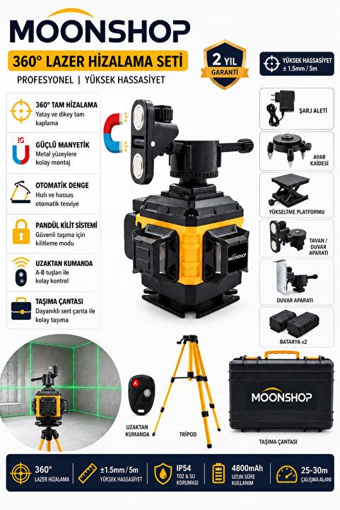 MOONSHOP Pro Alman Kaucuk 360° 16 Köşe Otomatik Hizalamalı Çizgili Lazer Tripot Ayak Hediyeli.