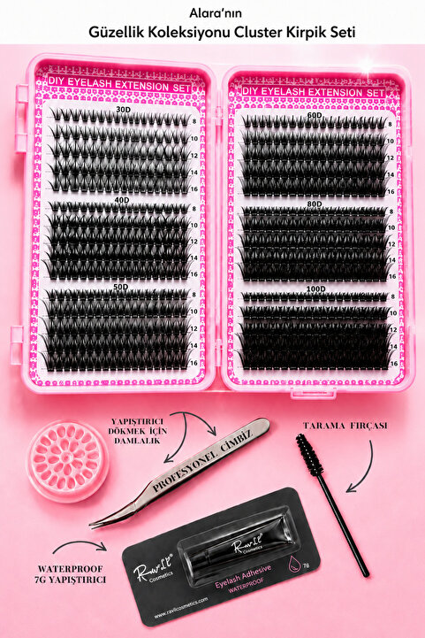 alaraycosmetics Takma İpek Kirpik Seti D Curl Lifting Etkili- Extra yumuşak -Batma Yapmaz/ Yapıştırıcı, Cımbız Ve Kirpik Fırçasıyla/ 640 Demet/ 8mm-16mm Mix Uzunluk Kutu