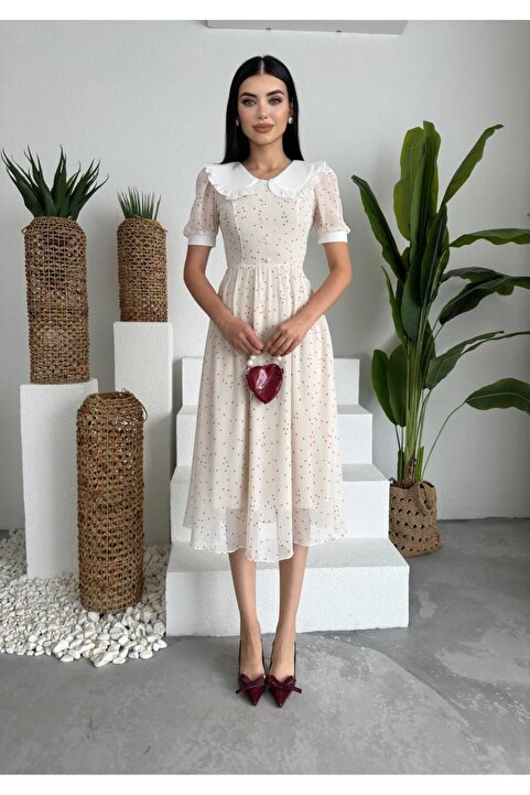 conconmoda Bebe Yaka Şifon Marli Midi Elbise