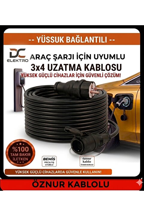 DC-ELEKTRO Öznur kablolu Ev Tipi Araç Şarjı Uyumlu 30 Metre (3x4 mm Ttr Tam Bakır) BEMİS KAUÇUK FİŞLİ Uzatma Seyyar (TÜM ARAÇLAR İÇİN UYUMLU)