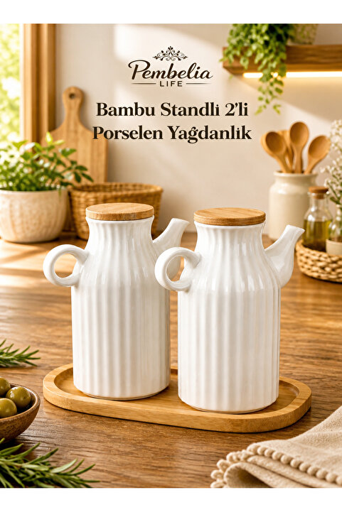 Pembelia Life 2 Adet 1 Lt Porselen Yağdanlık Ve Bambu Altlık Seti-yağlık Sirkelik