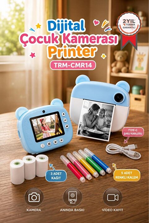 Torima Dijital Fotoğraf Makinesi Çocuk Termal Resim Kağıt Baskılı Yazıcı Kamera Makinesi CMR14 Mavi