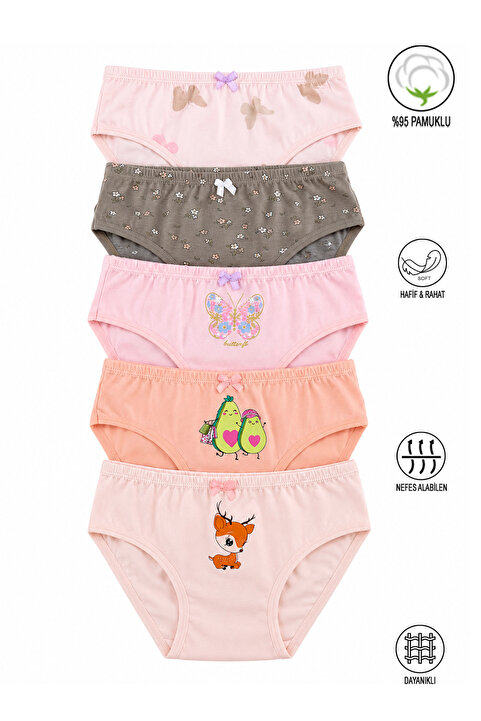 ÖZKAN underwear Özkan 41603 5'li Paket Kız Çocuk Karışık Renkli Desenli Pamuklu Yumuşak Slip Külot