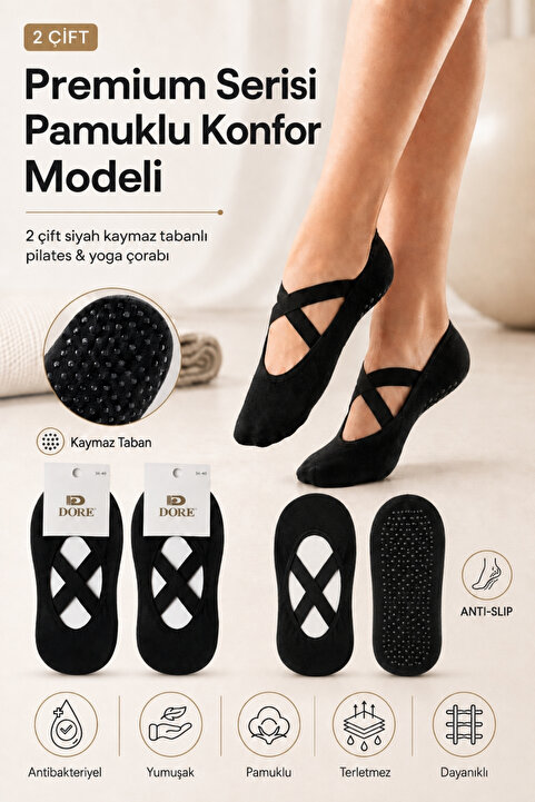 DORE Orijinal Kadın 2 Çift Kaymaz Taban Pilates Yoga Dans Bale Plates Kaydırmaz Çorap - Standart Beden