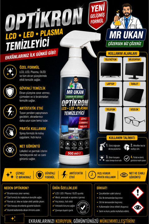 Dr.Ozz Optikron Lcd Led Televizyon Cep Telefonu Laptop Ekranı Temizleme Spreyi Temizleyici Sprey 500 ml