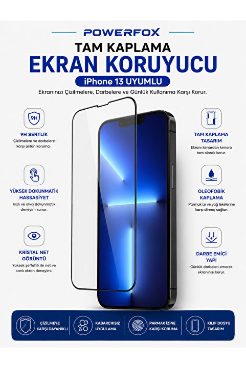 Powerfox iPhone 13 Uyumlu Kenarları Kırılmaya Dayanıklı Cam Ekran Koruyucu