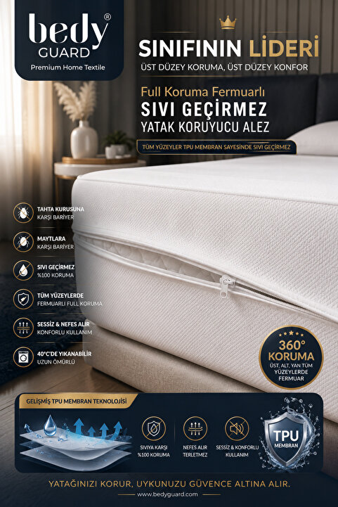 BEDY GUARD Full Koruma Fermuarlı Sıvı Geçirmez Yatak Koruyucu Alez (YÜKSEKLİK TEK K.:26CM, ÇİFT K.:35CM)