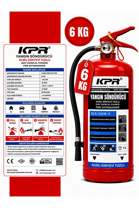 KPR YANGIN Yangın Söndürme Tüpü 6 Kg KKT ( TOZLU ) 4 Yıllık Ruhsata Uygun / TSE - HYB CE / Belgeli