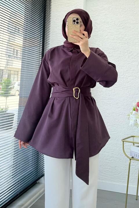 MELEK ARAZ Bronş Detaylı Geniş Kemerli Poplin Tunik – Mürdüm