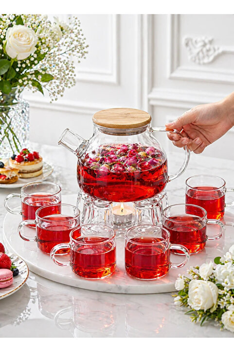 Vivien Home Isıya Dayanıklı 1000 ml Süzgeçli Cam Demlik 6adet Kupa Bardak Borosilikat ,