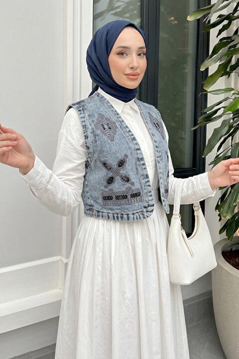 Salih Çelebi Nakışlı Denim Yelek 92030 - MAVİ