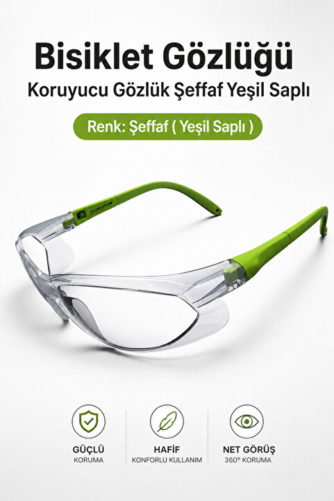 NZB Bisiklet Gözlüğü Yüz Ayarlı Motorcu Rüzgar Korumalı Gözlük Yeşil Saplı Uv Koruyucu Şeffaf