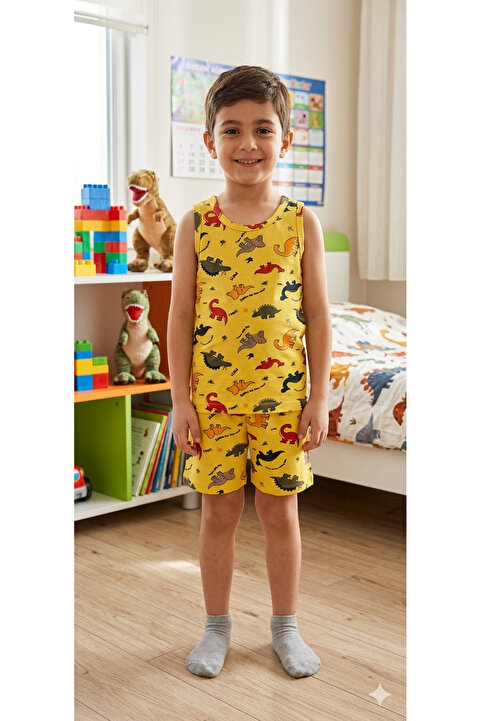 elmas kids Erkek Çocuk Pamuklu Sarı Dinozor Desenli Atlet Boxer Takımı