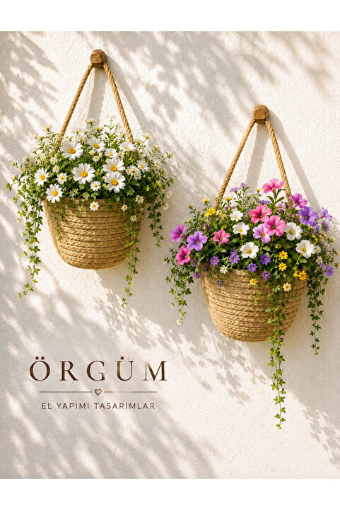 EGE ÖRGÜM Saksılık Mini Dekoratif Sepet 2'li Mini Çiçeklik 12x10 Cm(BİTKİLER VE AHŞAP ASKILAR DAHİL DEĞİLDİR)